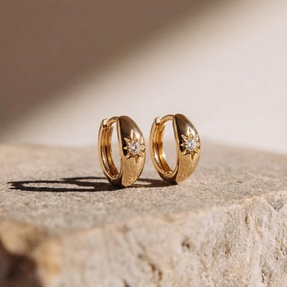 MEVECCO Chunky Huggie Hoop Earrings for Women Starburst Beaded Styles | 18K Gold Plated Brass, Triple Or Single Cubic Zirconia Star Details, Graduated Rounded Profile, Front Stone Row - style: Starburst One