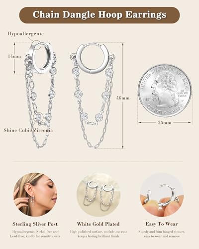 Tassel Chain Small Gold Hoop Dangle Earring For Women Huggie Earring Heart Star CZ 14K Gold Plated Fashion Jewelry Graduation Gift for Her Mothers Day Gifts for Mom - color: Circle-Silver