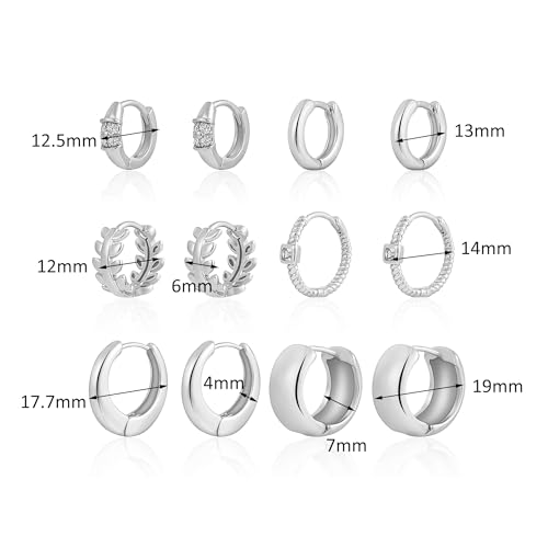 HILXURY 6 Pairs Small Gold Huggie Hoop Earrings for Women, 14K Gold Plated Cartilage Piercings Hoop Earrings Hypoallergenic, Trendy Lightweight Chunky Hoops Set for Women Gifts. - color: A- Silver