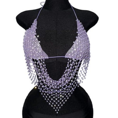 Bikini Rhinestone Mesh Top Shirt Crystal Bra Body Chain Festival Rave Crop Tank Top Summer Beach Underwear for Women - color: Purple