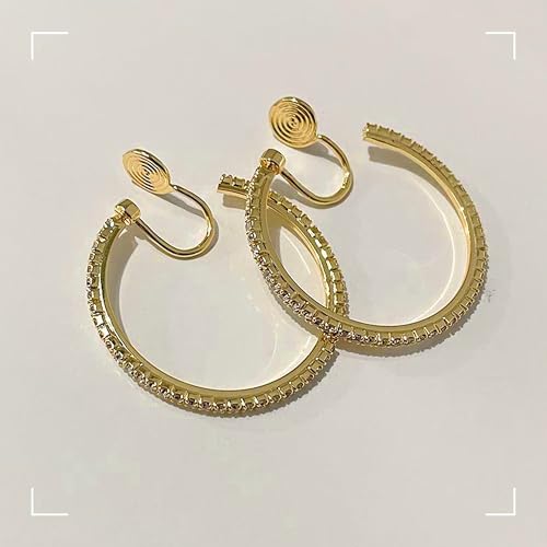 Gold Clip On Hoop Earrings for Women Large Rhinestone Statement Hoops Non Pierced Earrings Wedding Bridesmaid Party Jewelry - color: A1:gold earrings（4cm）