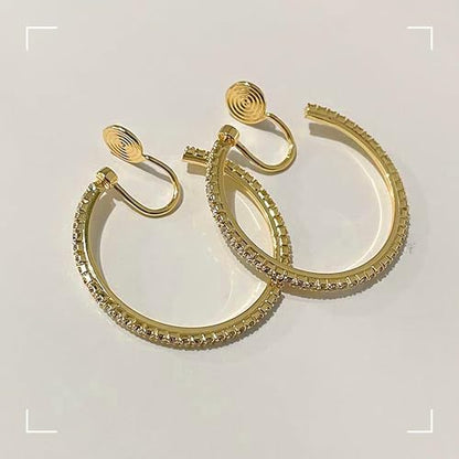 Gold Clip On Hoop Earrings for Women Large Rhinestone Statement Hoops Non Pierced Earrings Wedding Bridesmaid Party Jewelry - color: A1:gold earrings（4cm）