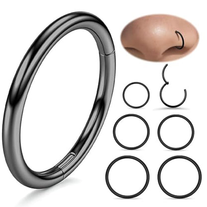 Nose Rings 20G 18G 16G 316L Surgical Steel Hinged Clicker Segment Nose Hoop Helix Cartilage Daith Tragus Sleeper Earrings Body Lip Piercing Jewelry for Women Men 6mm 7mm 8mm 10mm 12mm - style: 06:Black-20G*6/8/10mm(6pcs)