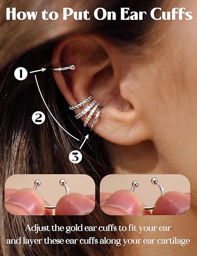 LOLIAS 925 Sterling Silver Ear Cuffs Non Piercing - 14K Gold Plated Ear Cuff Earrings for Women Adjustable Clip on Cartialge Earrings Non Pierced Fake Earring Stacks - color: Silver-CZ Double Hoop