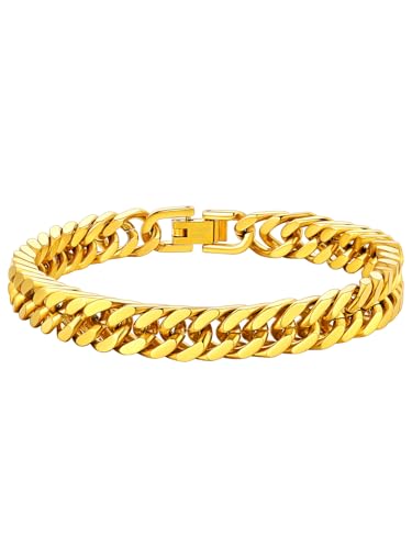 ChainsHouse Stainless Steel Cuban Link Bracelet, 6mm/8mm/12mm/17mm Width, 7.5"/8.3"/9", Black/ 18K Gold Plated Chain Wrist Bracelets for Men Women, Send Gift Box - color: K: Gold-8mm width