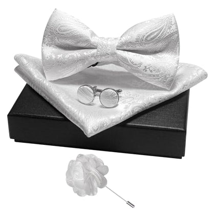 JEMYGINS Mens Paisley Bow Tie and Lapel Pin Necktie Pocket Square and Tie Clip with Sets for Business Casual 4PCS - color: White