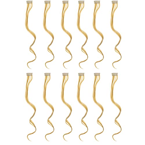 12 Pcs Curly Wavy One Color Party Highlights Clip on in Hair Extensions For Women Colored Hair Streak Synthetic Hairpieces (Beige Blonde) - color: Beige Blonde