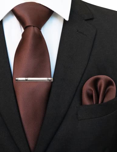 JEMYGINS Solid Color Formal Necktie and Pocket Square Tie Clip Sets for Men - color: Chocolate