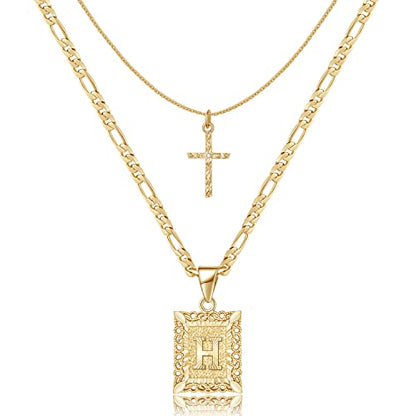 KELORIS PATH Gold Layered Initial Cross Necklace, 14K Gold Plated Layering Square Letter Pendant Figaro Chain Cross Choker from A-Z Capital Jewelry for Women Girls | 14K Gold Plated Square/Hexagon Letter Pendant with Figaro Chain, Stackable Jewelry Gifts,
