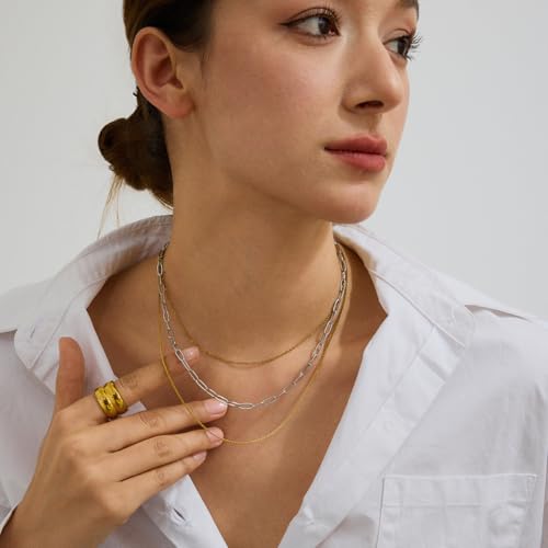 Stackable Chains Women 18K Plated Box Cuban Paperclip Layered Chain Choker Necklace Gold Silver Multi Chain Mixed Metal Stack Chains Set for Women - color: box chain necklace