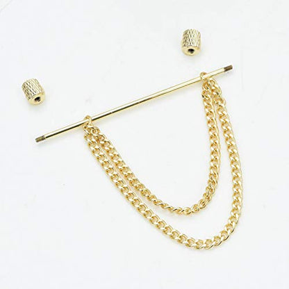 Men's Gold Plated Brass Collar Bar with Double Hanging Chain Tassel Shirt Tie Bar Collar Brooch - color: Gold Texture Cylinder Head