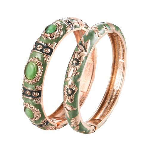 UJOY Cloisonne Bracelet Lotus Flower Plated Cuff Bangle Enameled Jewelry Bracelets Gift for Women Pack in Case 88B16 - color: 7735-2 Pcs Set-Green