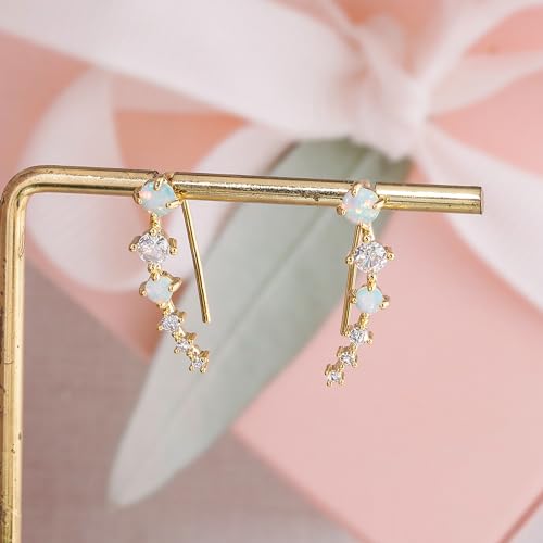 CiNily Star Opal Ear Cuffs Climber Earrings, 14K Gold CZ Ear Crawler Earrings for Women Small Cartilage Stud Earrings Fashion Hypoallergenic Jewelry Christmas Day Gifts, White Gold, Rose Gold - color: Gold-White Opal, size: Round Opal