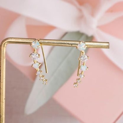 CiNily Star Opal Ear Cuffs Climber Earrings, 14K Gold CZ Ear Crawler Earrings for Women Small Cartilage Stud Earrings Fashion Hypoallergenic Jewelry Christmas Day Gifts, White Gold, Rose Gold - color: Gold-White Opal, size: Round Opal