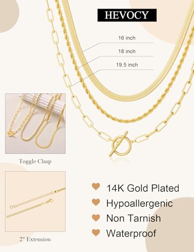 Layered Toggle Necklace for Women, 3-Chain Stack | Gold/Silver-plated necklace set with paperclip, rope, and herringbone chains plus a toggle clasp for daily wear and parties - color: Gold