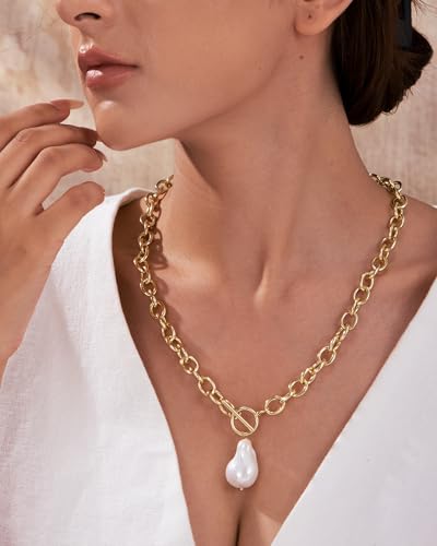 CHESKY 14K Gold Plated Chunky Necklace for Women, Trendy Toggle Clasp | Statement Pendant Necklace, Layered Paperclip Chain, Toggle Clasp Design, Thick Gold Chain, Non Tarnish Everyday Jewelry - color: gold, style: pearl pendant