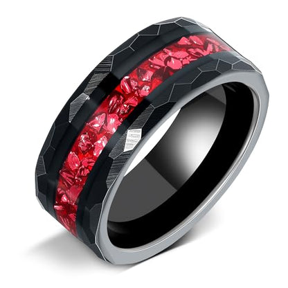 4mm/8mm Tungsten Wedding Bands for Men Women Ruby/Morganite/Emerald | Aquamarine/Zirconia, Black/Rose Gold/14K Gold, Engagement Promise Ring, Anniversary Valentine Day Birthday Gift for Him/Her - color: Black and Red