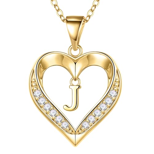 Turandoss Heart Initial Necklaces for Women - Dainty 14K Gold Plated CZ Heart Pendant Necklace with Tiny Letter A-Z, Non Tarnish Waterproof Trendy Jewelry Gifts for Mom Wife Girlfriend - color: Gold, style: J