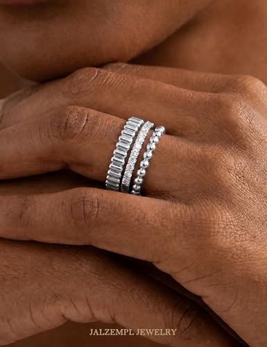 3Pcs Stackable Gold Rings Set for Women Cubic Zirconic Ribbed Bead Jewelry | 14K Gold & Silver Plated, Non Tarnish, Dainty Stacking Design, Trendy Gift - color: Silver