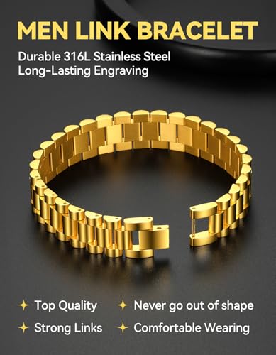 ChainsHouse Men Stainless Steel Bracelet Adjustable Custom ID Engraved Gift | Personalized Silver/Gold/Black for Birthday Father Husband Boyfriend with Gift Box Adjustable Tool 10mm/15mm/15.5mm 8.3"/8.7" - color: H.15.5mm Width-Gold-No Custom