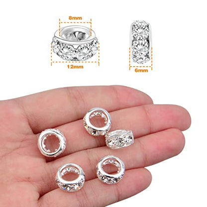 BronaGrand 40pcs 12mm Large Hole Rhinestone European Beads, Crystal Rondelle Spacer Beads Round Loose Beads for Snake Chain Bracelet DIY Jewelry Making, Hole: 8mm - color: Silver, size: 12MM