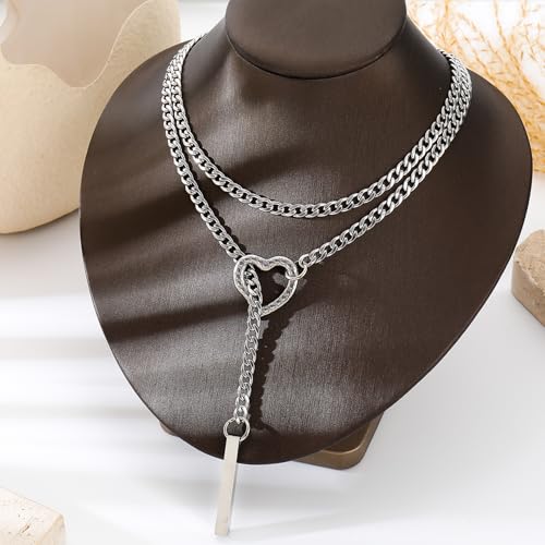 Slip Chain Necklaces for Women Stainless Steel Bar Pendant Choker Necklace Boho Handmade Long Lariat Necklace Silver Statement Punk Rock Collar Jewelry - style: layered silver heart