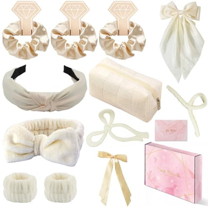 Spa Headband and Wristband Set Top Knotted Headbands Silky Satin Hair Bows Bows Hair Clip Big Hair Claw Clips Butterfly Hair Accessories Satin Silk Scrunchies Quilted Makeup Bag Blank Cards Gift Box - color: Off White