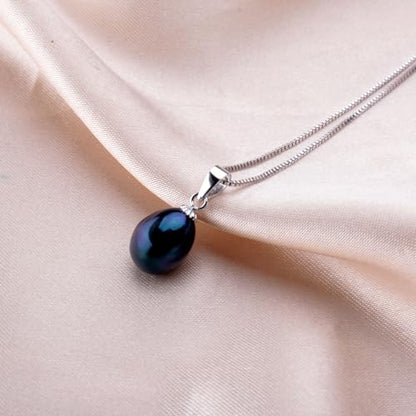 Pearl Jewelry Set For Women Pearl Pendant Necklace & Pearl Earrings with Sparkling Rhinestones 925 Sterling Silver Freshwater Pearl Drop Jewelry Set for Wedding Prom Gift - color: Silvery-Black