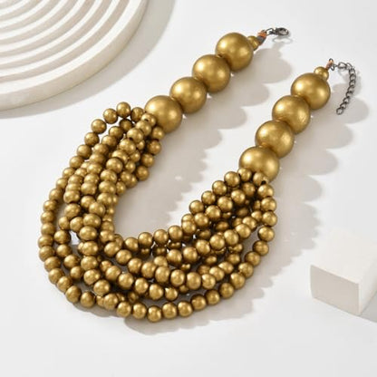 Handmade Layered Wood Bead Necklace for Women - Chunky African Statement Necklace, Natural Khaki Beaded Jewelry, Hypoallergenic & Skin-Safe for Sensitive Skin, Boho Rainbow Inspired Chunky Collar Necklace - color: Matte Gold