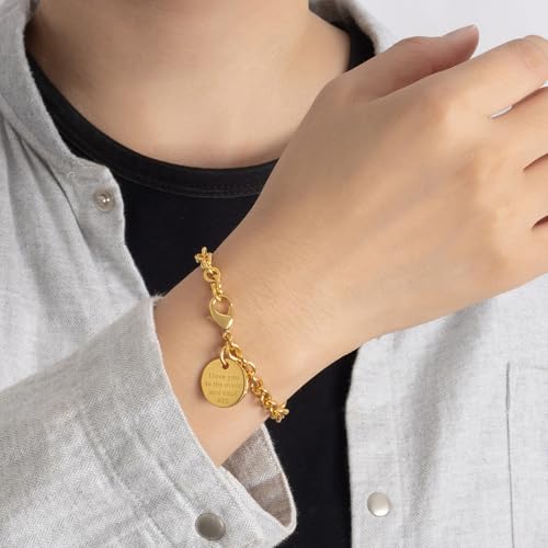 Dankadi Women 925 Sterling Silver Round Cable Wire Link Bracelet Charm Heart-Bell-Square-Circle Pendant Chain Bangle Fine Jewelry Gift For Wife Her - color: 6MM Gold Round Pendant, size: 6.7 in