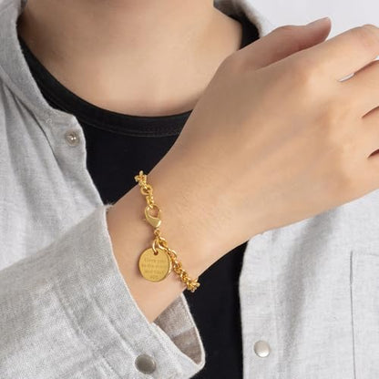 Dankadi Women 925 Sterling Silver Round Cable Wire Link Bracelet Charm Heart-Bell-Square-Circle Pendant Chain Bangle Fine Jewelry Gift For Wife Her - color: 6MM Gold Round Pendant, size: 7 in