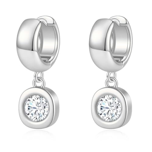 Gold Chunky Dangle Earrings for Women, Bezel Set Cubic Zirconia Charm | 14K Gold Silver Plated, Statement Huggie Hoops Drop Earrings, Trendy Jewelry Gifts, High Grade CZ, Hypoallergenic Lightweight - color: SL-Round CZ Hoop
