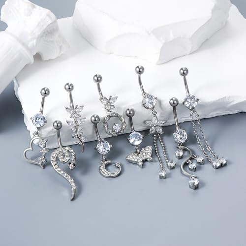 Vsnnsns 14G Dangle Belly Button Ring Piercing Jewelry 316L Stainless Surgical Steel Snake Heart Butterfly Flower Diamond CZ Navel Rings Dangling Belly Button Ring Piercing Jewelry for Women 14 Gauge - color: Silver Tone