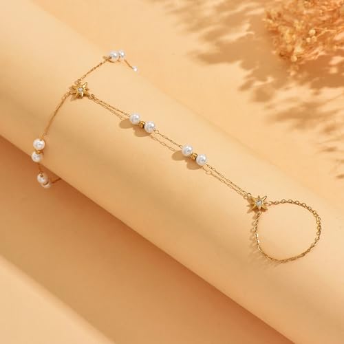 Gold Hand Chain Bracelet for Women 18K Gold Plated Stainless Steel Ring Bracelet Hand Chain with Pearl Star CZ Adjustable Hand Jewelry Chain Gifts - color: Y Pearl Star-Gold