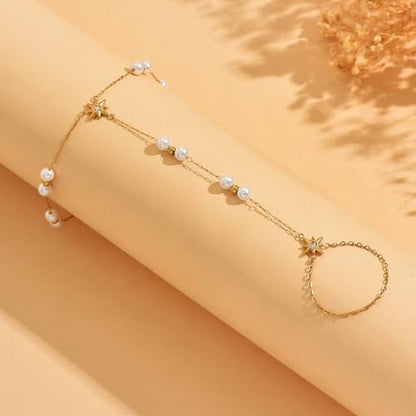Gold Hand Chain Bracelet for Women 18K Gold Plated Stainless Steel Ring Bracelet Hand Chain with Pearl Star CZ Adjustable Hand Jewelry Chain Gifts - color: Y Pearl Star-Gold