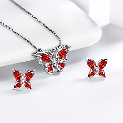 Aurora Tears Butterfly Jewelry,Women 925 Sterling Silver Butterflies Birthstone Pendant Necklace/Earrings/Rings Wedding Gift - color: A.January-set 2