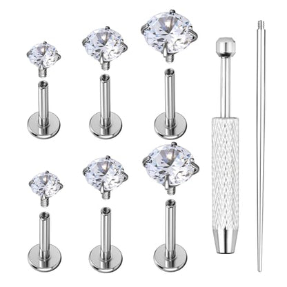 AOEDEJ 20/18/16G Titanium Internally Threaded Flat Back Stud Earrings 3/4/5mm Stars Square CZ Nose Lip Medusa Monroe Labret Piercing Jewelry for Cartilage Conch Tragus Helix Ear Studs - style: 16G-Round