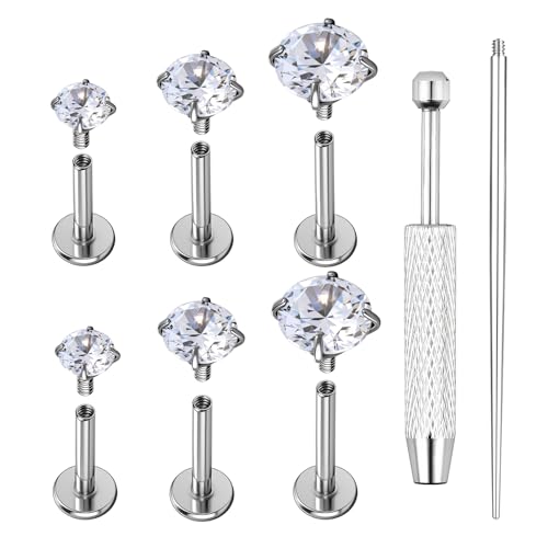 AOEDEJ 20/18/16G Titanium Internally Threaded Flat Back Stud Earrings 3/4/5mm Stars Square CZ Nose Lip Medusa Monroe Labret Piercing Jewelry for Cartilage Conch Tragus Helix Ear Studs - style: 20G-Round