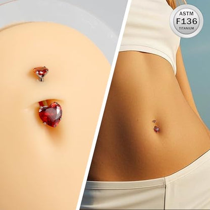ASTM F136 Titanium Belly Button Rings 14G CZ Heart Belly Navel Rings 10mm Bar Body Piercing Jewelry Navel Ring With 1PCS Curved Piercing Taper - color: Red CZ