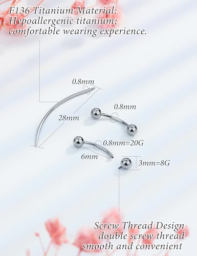 Eyebrow Piercing Jewelry F136 Titanium Internally & externally Threaded Curved Barbell Vertical Labret Lip Jewelry Ear Rook Navel Belly Button Ring Women Men 20g 18g 16g 6mm/8mm/10mm/12mm - color: 6mm 20G Internal Thread Titanium Ball Eyebrow Rings