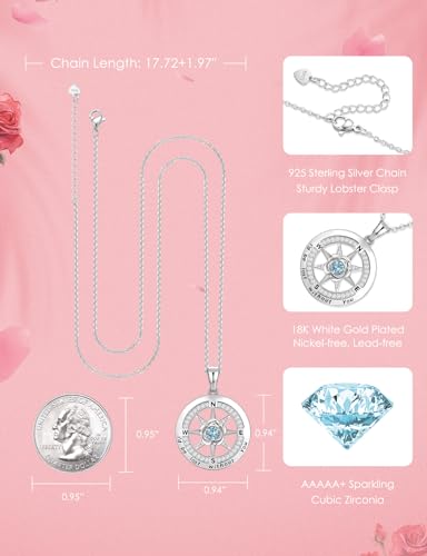 Meeshi Silver Compass Necklace for Women Birthday Gifts for Wife Anniversary Necklace for Women Rose Flower Birthstone Necklaces for Wife Jewelry for Womens Girlfriend Mom Daughter - style: 03-March-Aquamarine