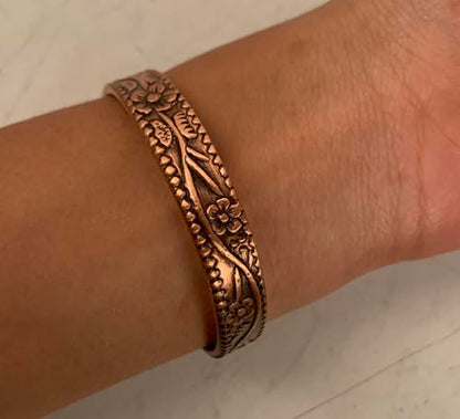 Touchstone magnetic copper bracelets for men women in gift box, engraved | 100% pure solid real adjustable bangle bracelet cuff jewelry; 12X ultra strength with 3500 gauss neodymium magnets; - style: Floral Wines Stems