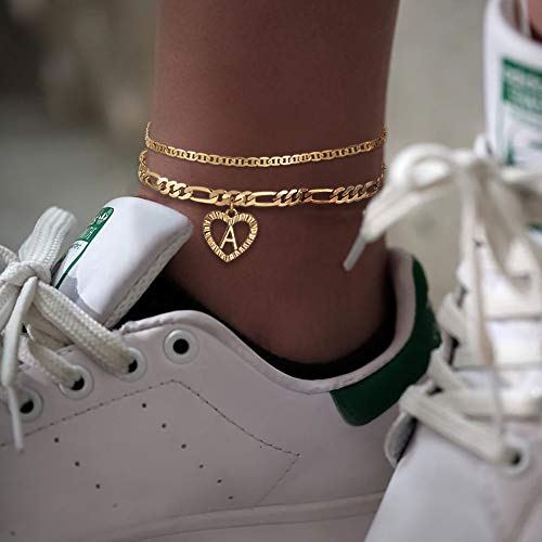 YANODA Initial Ankle Bracelets for Women 14K Gold Plated Layered Figaro Chain Letter Initial Anklets Handmade Layered Heart Ankle Bracelets Personalized Jewelry for Women - color: A