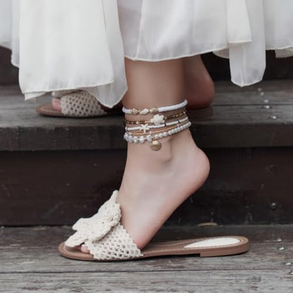 Beaded Anklet Bracelets For Women Waterproof Gold Anklets Jewelry Set Stack | non tarnish free pearl puka seashell beach boho stretchy anklet for summer dainty and tewiky gold plated - color: Pearl Shell