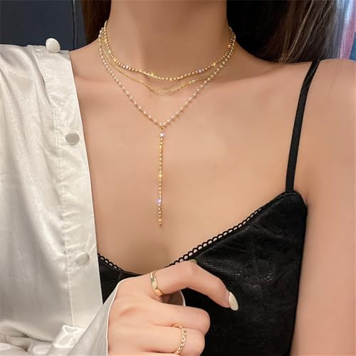 Lasso Necklace for Woman Gold And Pearl Lasso Necklace Exquisite Waterproof Adjustable Y Shaped Sun Necklaces Layered Pearl Lariat Necklaces Jewelry - color: gold2