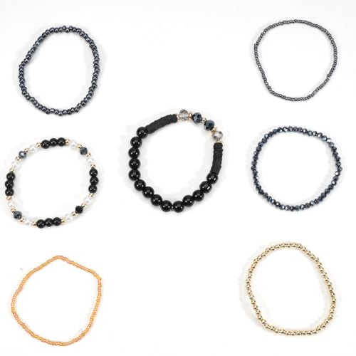 7Pcs Bohemia Multilayer Stackable Crystal Beaded Bracelet Set Multicolor Surfer Heishi Clay Gold Beaded Friendship Stretch Bracelets for Women Men Summer Beach Boho Vacation Jewelry Gifts - color: Z-Black