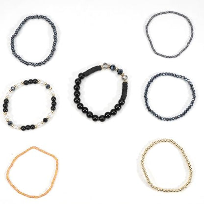 7Pcs Bohemia Multilayer Stackable Crystal Beaded Bracelet Set Multicolor Surfer Heishi Clay Gold Beaded Friendship Stretch Bracelets for Women Men Summer Beach Boho Vacation Jewelry Gifts - color: Z-Black
