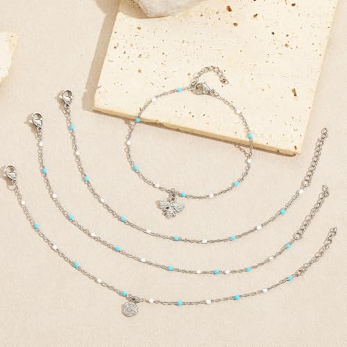 6 PCS Enamel Beaded Chains Bracelet Stainless Steel Link Bracelets | 6.7"+1.18", With Extender Chain, Fashion Jewelry Set, Gift For Women, Colorful, No Fade - color: Light Blue White Silver