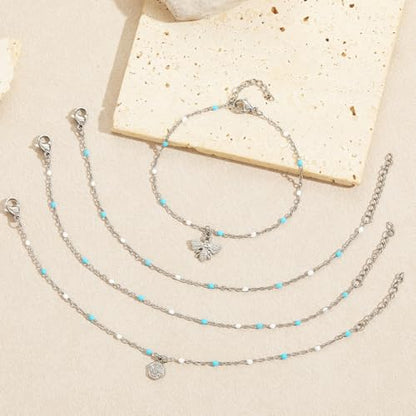 6 PCS Enamel Beaded Chains Bracelet Stainless Steel Link Bracelets | 6.7"+1.18", With Extender Chain, Fashion Jewelry Set, Gift For Women, Colorful, No Fade - color: Light Blue White Silver