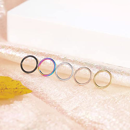 Aumeo 14G 16G 18G 20G Nose Ring Hoop Stainless Steel Hinged Segment Rings Hoops Nose Clicker Ring Tragus Helix Cartilage Daith Rook Earring Piercing Jewelry for Women Men - style: 5pcs 20g 7mm Mixed Colors